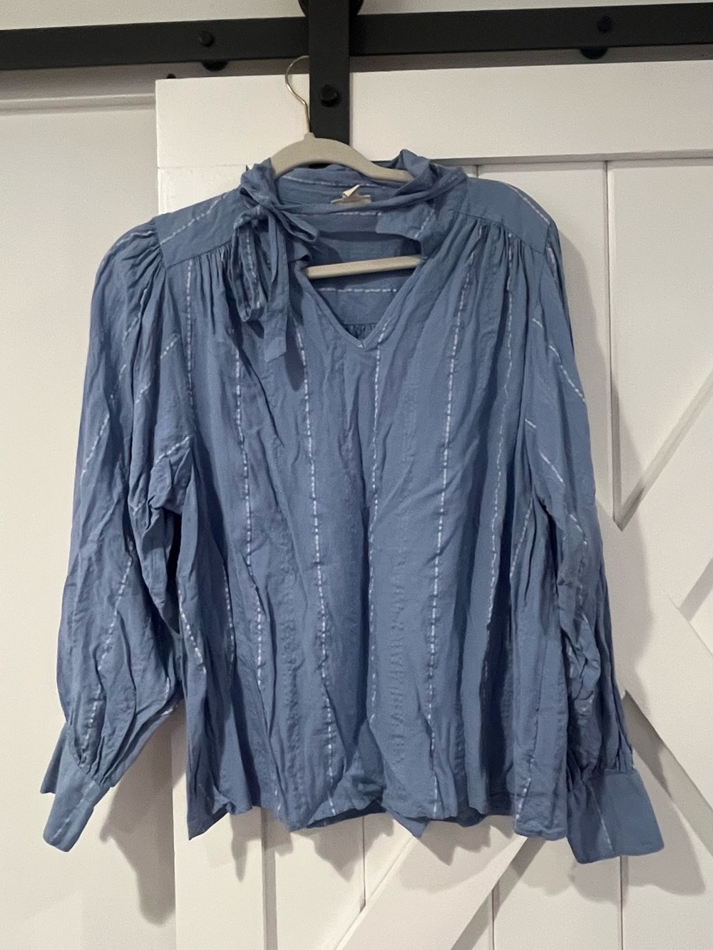 a.n.a Blue Tie-Neck Peasant Blouse